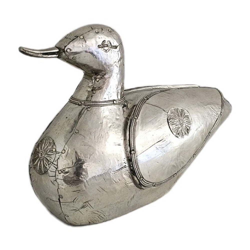 Vintage Silver Metal Over Wood Duck Decoy Figurine Folk Art Decorative Bird - Picture 3 of 16